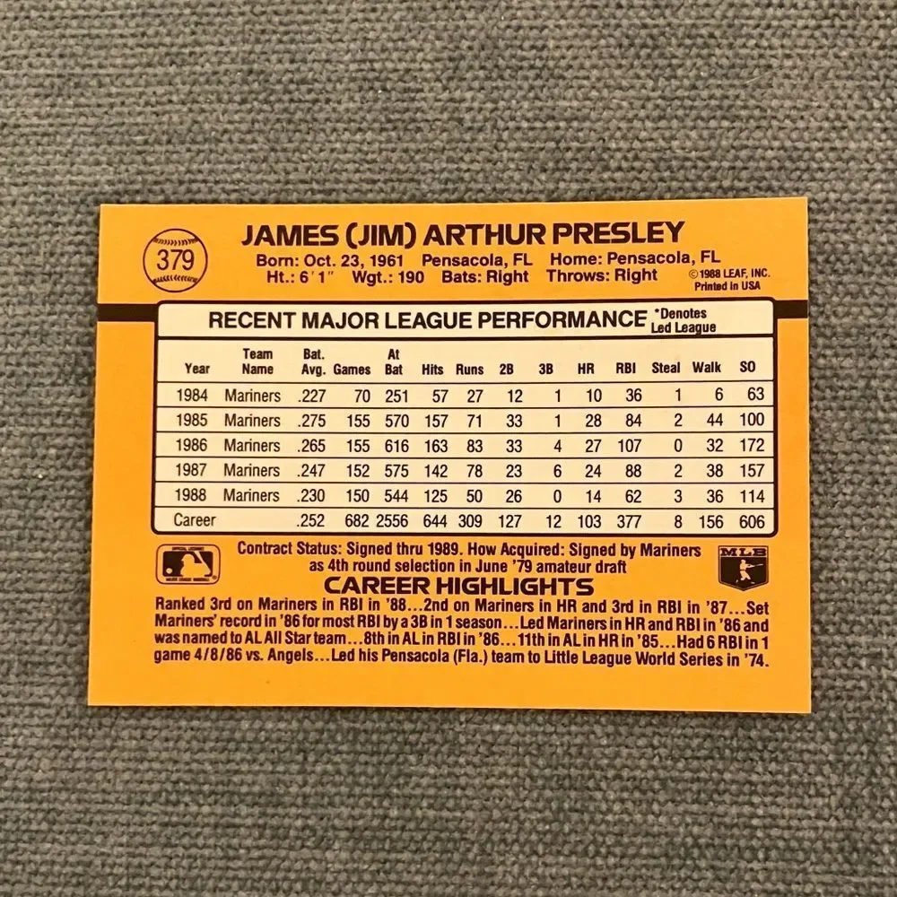 1989 Donruss Seattle Mariners Baseball Card Trading Card